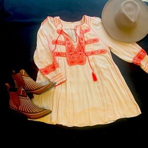 Free people tunic style dress with adorable red embroidery
